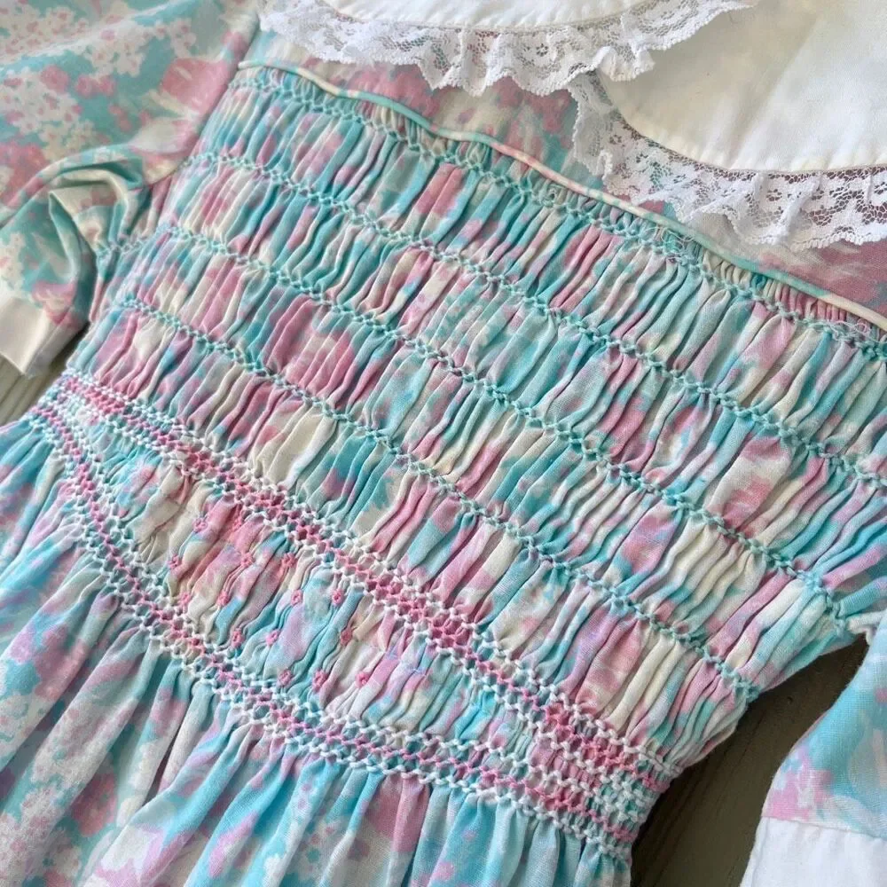 VTG Polly Flinders Pastel Floral Smocked Prairie Dress Girls 7 Lace Collar